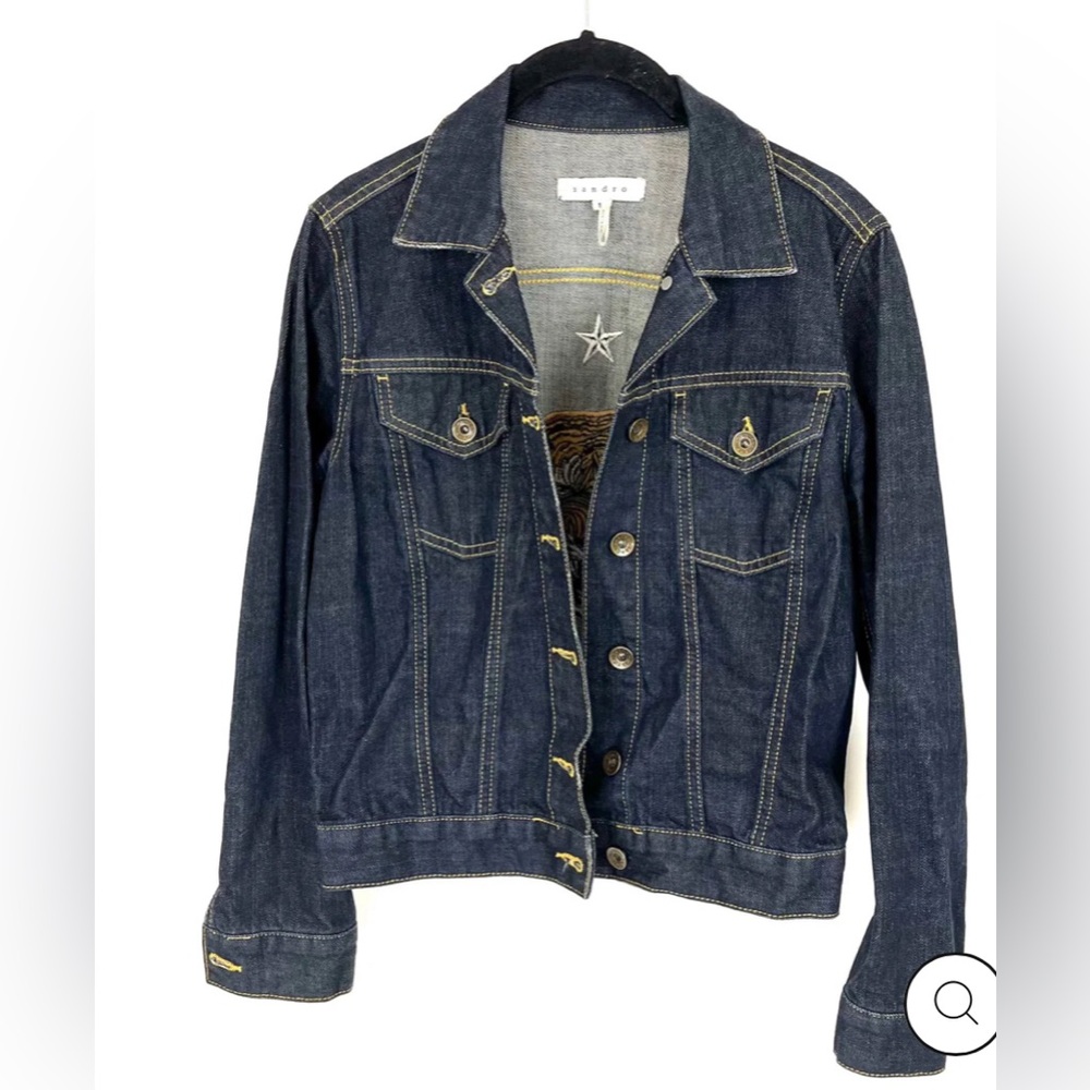 Sandro Tiger Embroidered Denim Jacket Back Tiger Animal Print Jean Jacket size S - Picture 8 of 11